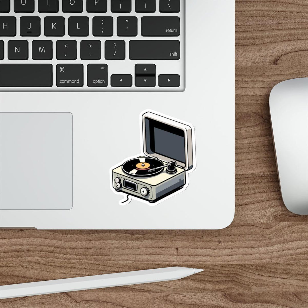 Vinyl Player Waterproof Sticker: A retro design featuring a vintage vinyl player, perfect for music lovers or those with a nostalgic flair. Great for decorating tech accessories or notebooks.  KEOLIX 