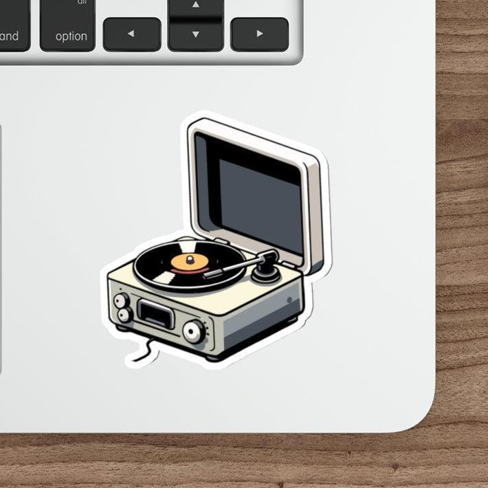 Vinyl Player Waterproof Sticker: A retro design featuring a vintage vinyl player, perfect for music lovers or those with a nostalgic flair. Great for decorating tech accessories or notebooks.  KEOLIX 