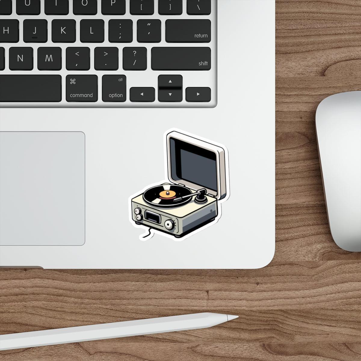 Vinyl Player Waterproof Sticker: A retro design featuring a vintage vinyl player, perfect for music lovers or those with a nostalgic flair. Great for decorating tech accessories or notebooks.  KEOLIX 