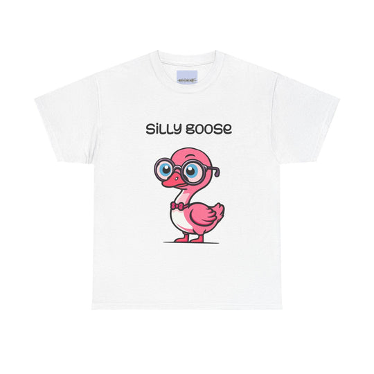 White T-shirt featuring a cartoon goose wearing glasses with the phrase 'Silly Goose.' A playful and humorous design, perfect for those who like to keep it light and fun