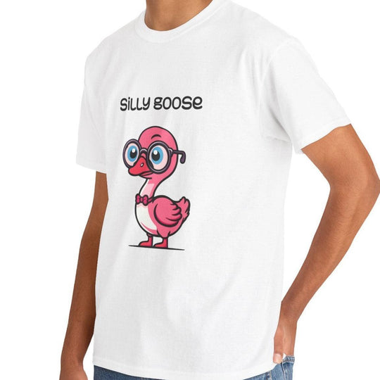 White T-shirt featuring a cartoon goose wearing glasses with the phrase 'Silly Goose.' A playful and humorous design, perfect for those who like to keep it light and fun
