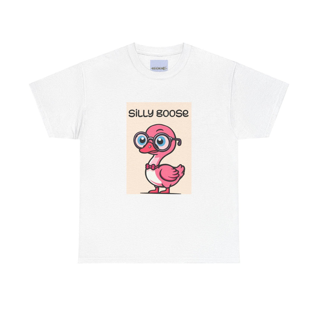 White T-shirt featuring a cartoon goose wearing glasses with the phrase 'Silly Goose.' A playful and humorous design, perfect for those who like to keep it light and fun
