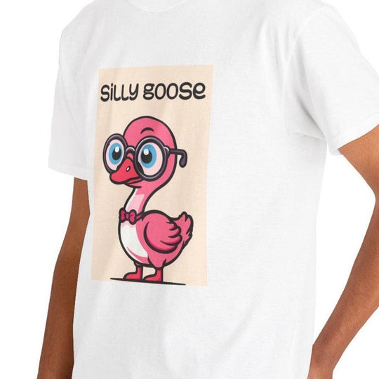 White T-shirt featuring a cartoon goose wearing glasses with the phrase 'Silly Goose.' A playful and humorous design, perfect for those who like to keep it light and fun