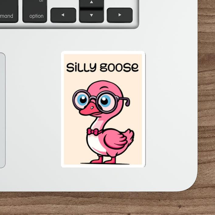 Silly Goose Waterproof Sticker: A fun cartoon design of a pink goose with oversized glasses, perfect for adding a playful and quirky touch to your personal accessories.  KEOLIX 