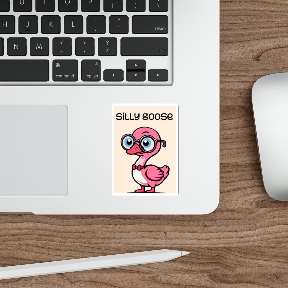Silly Goose Waterproof Sticker: A fun cartoon design of a pink goose with oversized glasses, perfect for adding a playful and quirky touch to your personal accessories.  KEOLIX 