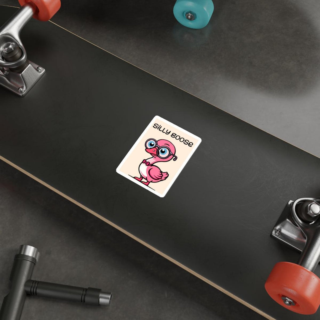 Silly Goose Waterproof Sticker: A fun cartoon design of a pink goose with oversized glasses, perfect for adding a playful and quirky touch to your personal accessories. KEOLIX 