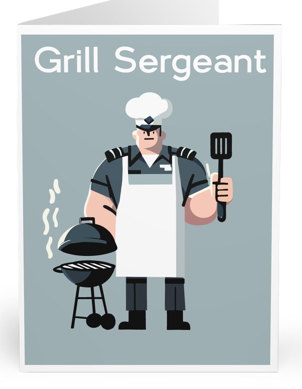 Playful Father’s Day or BBQ-themed card featuring a 'Grill Sergeant' character standing by a grill with tools in hand. Perfect for dads or grill masters who love cooking outdoors KEOLIX