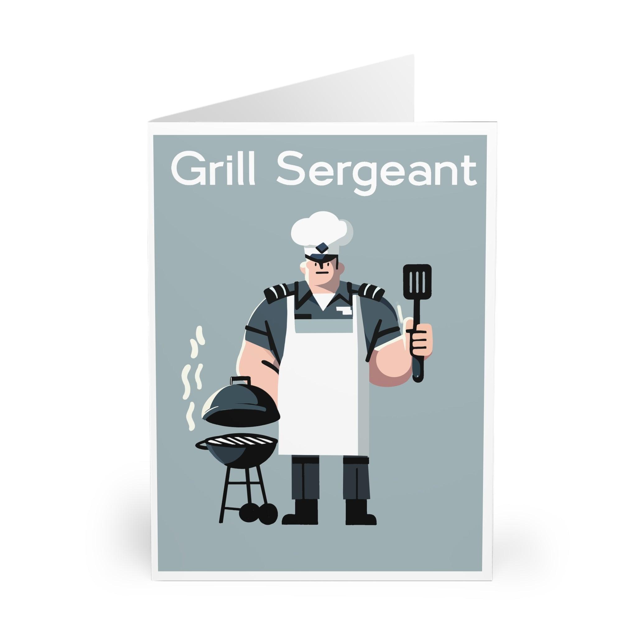 Playful Father’s Day or BBQ-themed card featuring a 'Grill Sergeant' character standing by a grill with tools in hand. Perfect for dads or grill masters who love cooking outdoors - Baby Keo