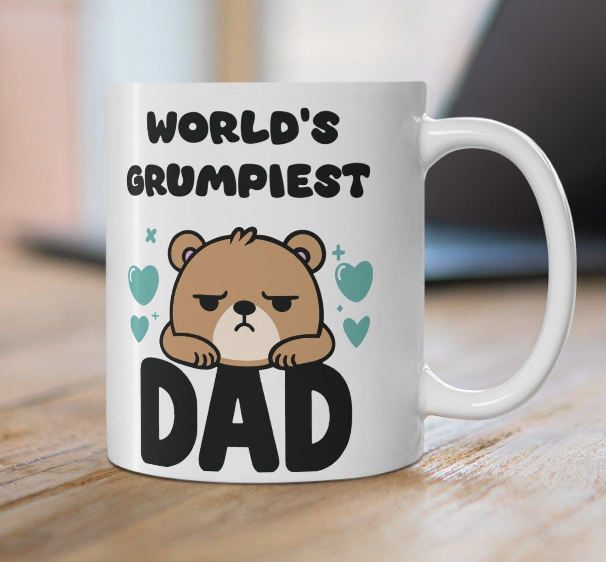 'World's Grumpiest Dad' Mug - "White ceramic mug with a cartoon dad and the phrase 'World's Grumpiest Dad,' ideal for a playful Father's Day gift."  KEOLIX