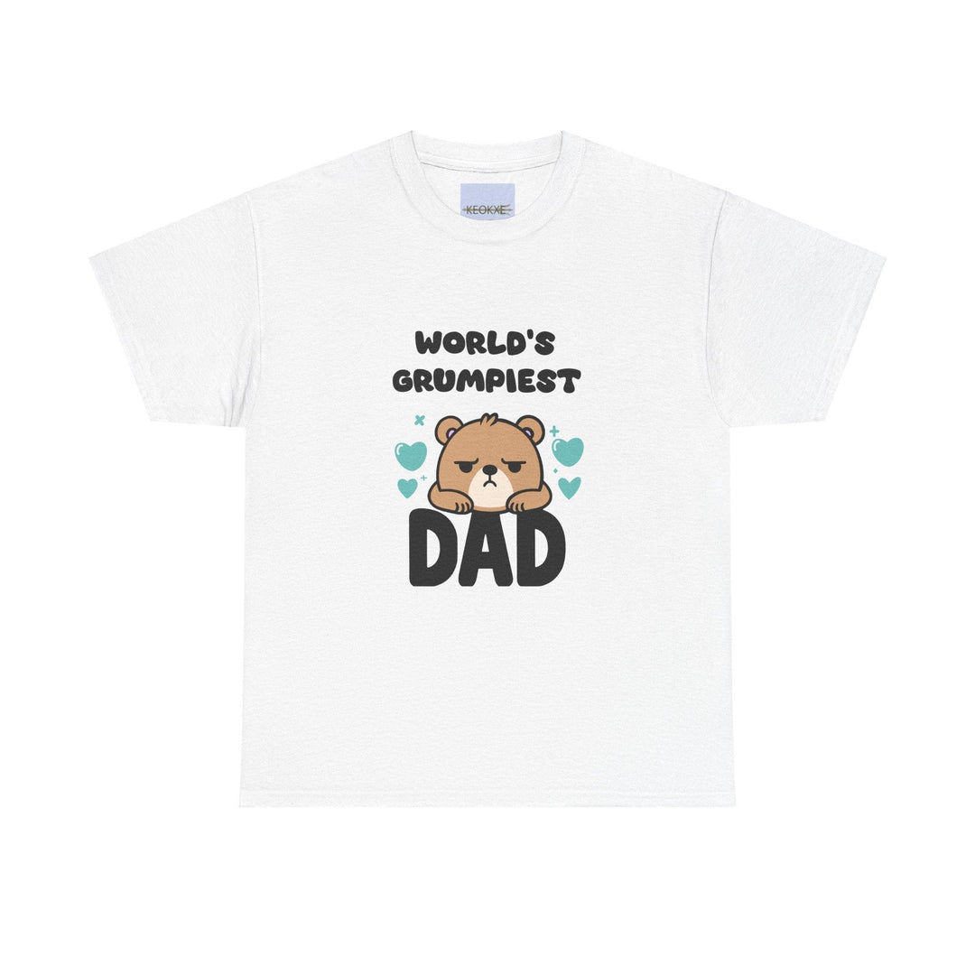 White T-shirt featuring a grumpy cartoon dad character and the phrase 'World's Grumpiest Dad.' A fun design for celebrating fathers with a humorous twist