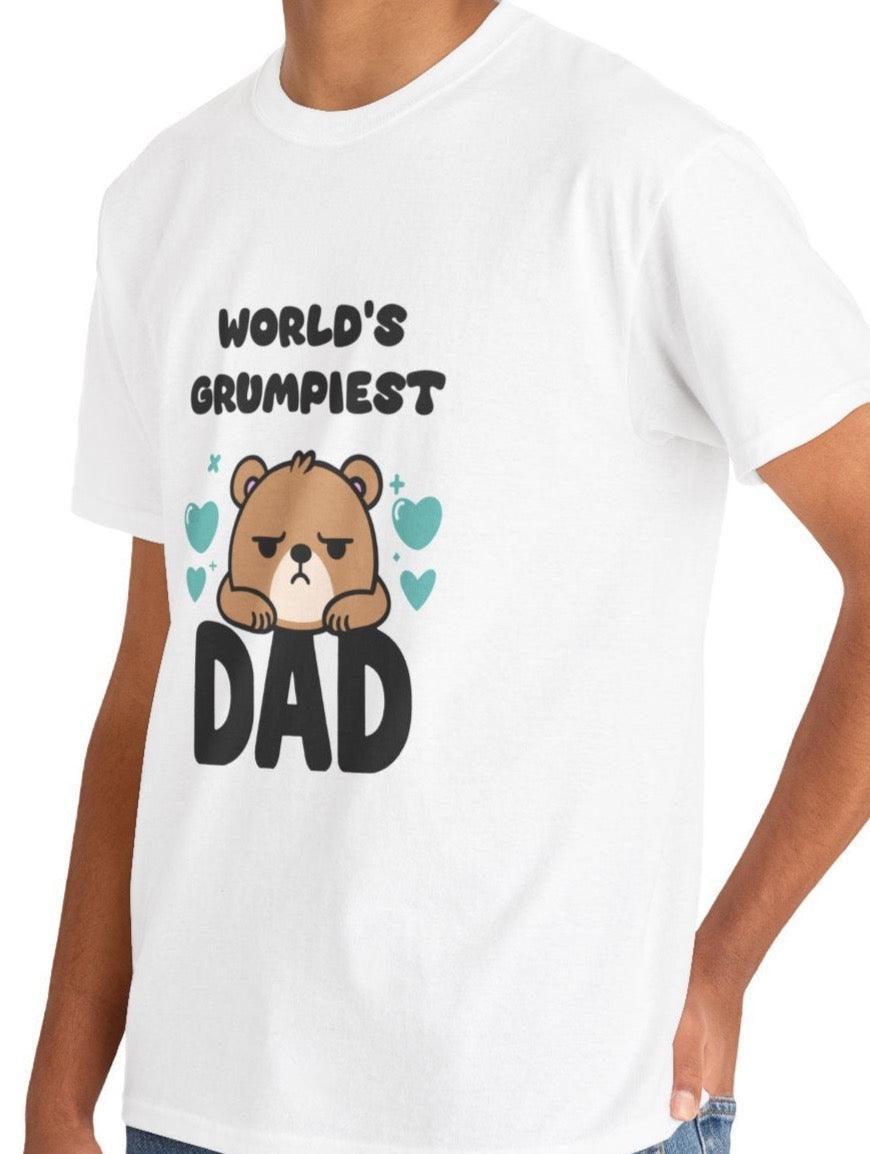 White T-shirt featuring a grumpy cartoon dad character and the phrase 'World's Grumpiest Dad.' A fun design for celebrating fathers with a humorous twist