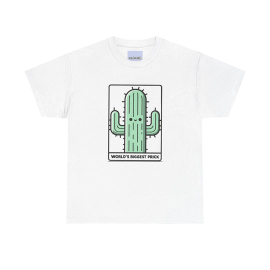 White T-shirt featuring a large cartoon cactus and the phrase 'World's Biggest Prick.' A humorous and cheeky design for those who enjoy a little tongue-in-cheek humor