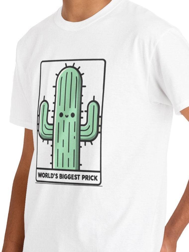White T-shirt featuring a large cartoon cactus and the phrase 'World's Biggest Prick.' A humorous and cheeky design for those who enjoy a little tongue-in-cheek humor