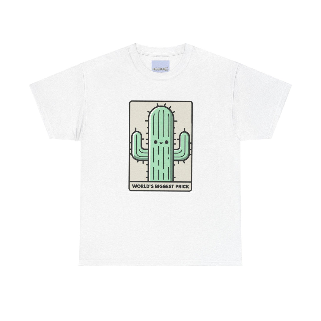 White T-shirt featuring a large cartoon cactus and the phrase 'World's Biggest Prick.' A humorous and cheeky design for those who enjoy a little tongue-in-cheek humor