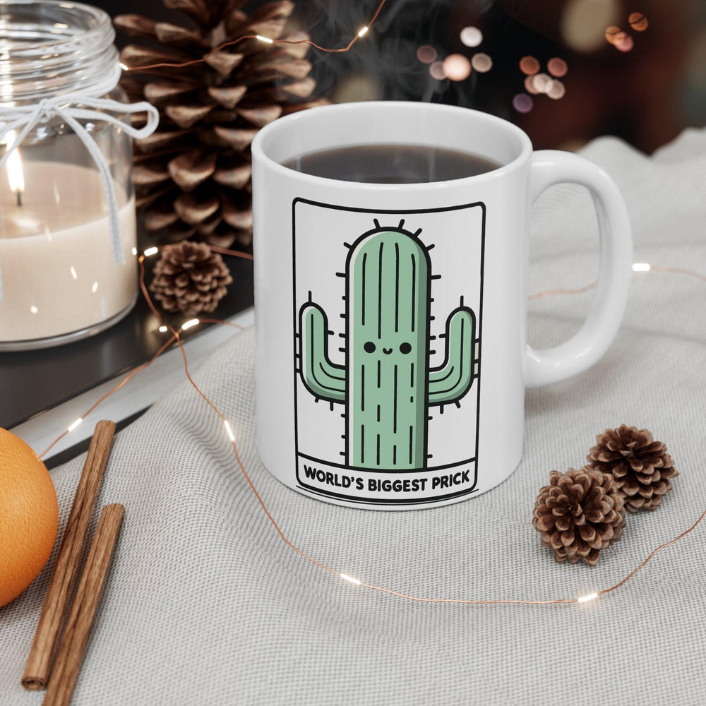 Humorous ceramic mug featuring a tall cactus illustration with the bold phrase 'World’s Biggest Prick.' A funny gift for those with a sense of sarcasm or a playful insult - Baby Keo