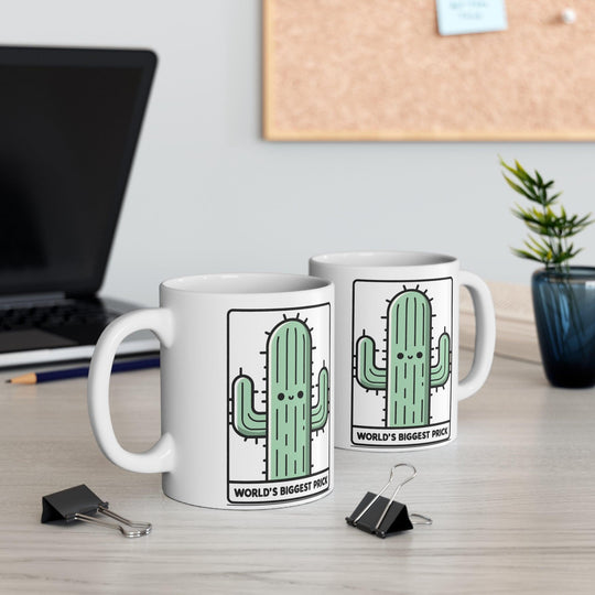 Humorous ceramic mug featuring a tall cactus illustration with the bold phrase 'World’s Biggest Prick.' A funny gift for those with a sense of sarcasm or a playful insult - Baby Keo