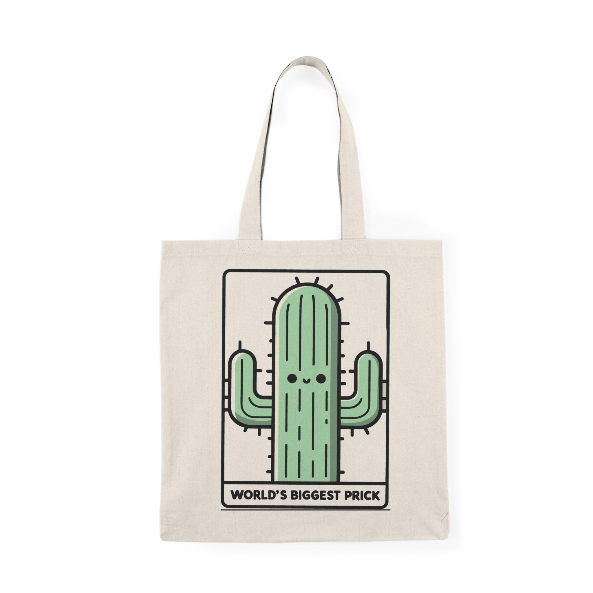 A cream-colored tote bag featuring a humorous graphic of a cartoon cactus with the text 'World's Biggest Prick.' This playful design combines fun and cheeky humor, making it an excellent accessory for those who enjoy a bit of edge in their style. The bag is practical for daily use while showcasing a light-hearted pun.