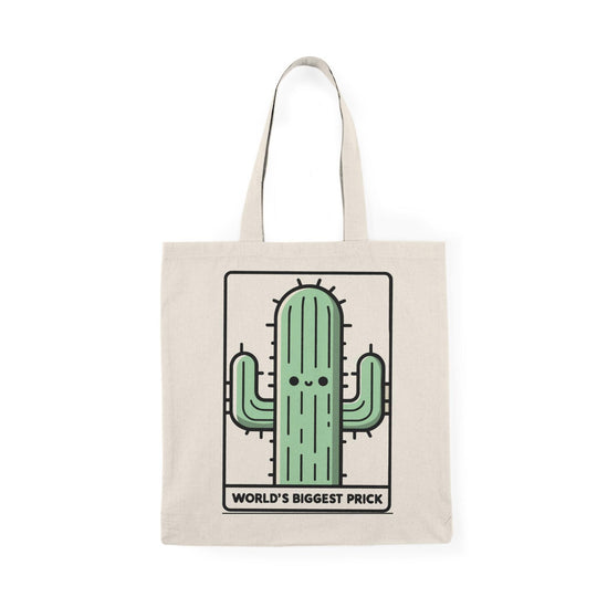 A cream-colored tote bag featuring a humorous graphic of a cartoon cactus with the text 'World's Biggest Prick.' This playful design combines fun and cheeky humor, making it an excellent accessory for those who enjoy a bit of edge in their style. The bag is practical for daily use while showcasing a light-hearted pun.