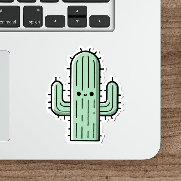 A waterproof sticker featuring a cute cartoon cactus, perfect for plant lovers or anyone wanting to add a fun element to their notebooks or water bottles 