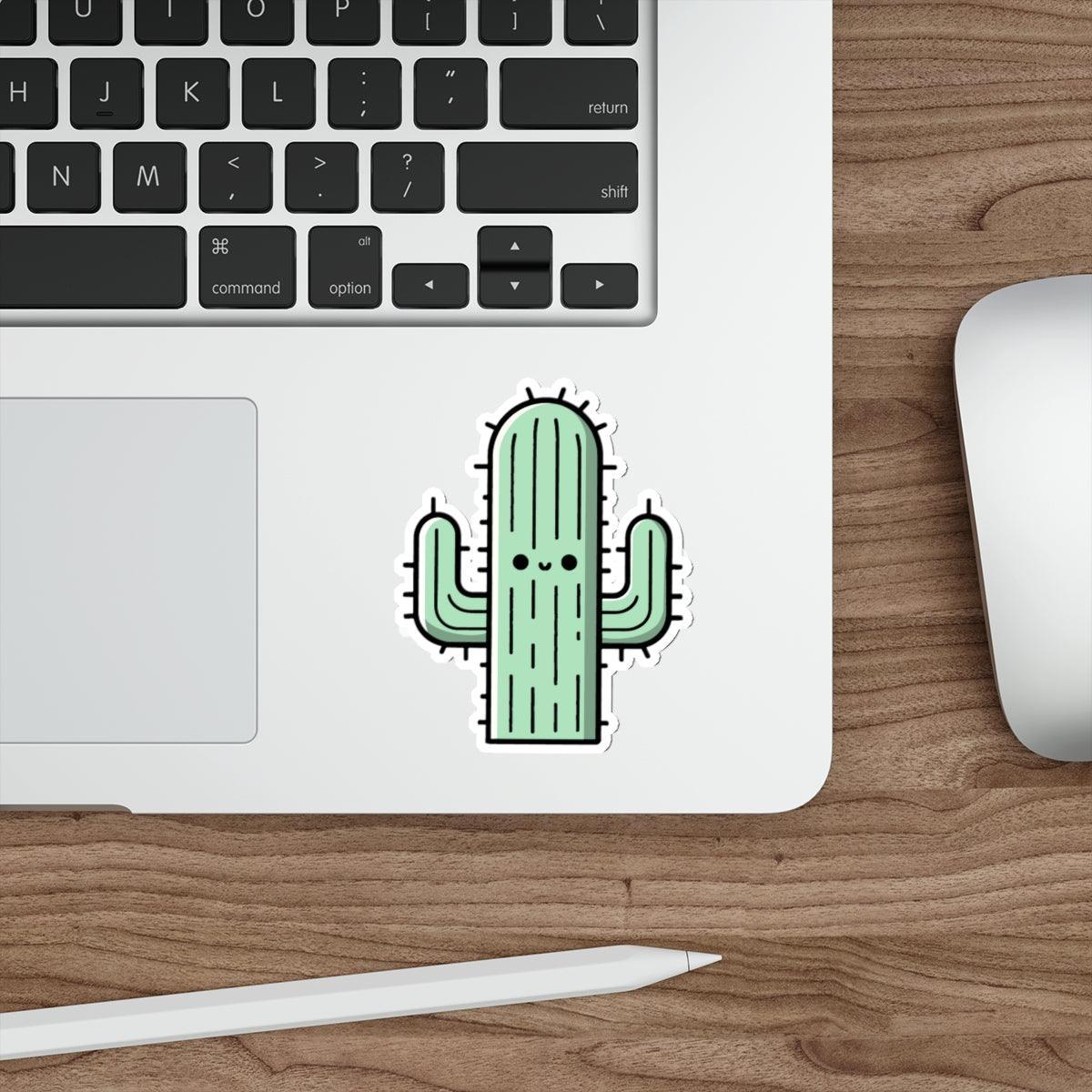 A waterproof sticker featuring a cute cartoon cactus, perfect for plant lovers or anyone wanting to add a fun element to their notebooks or water bottles 