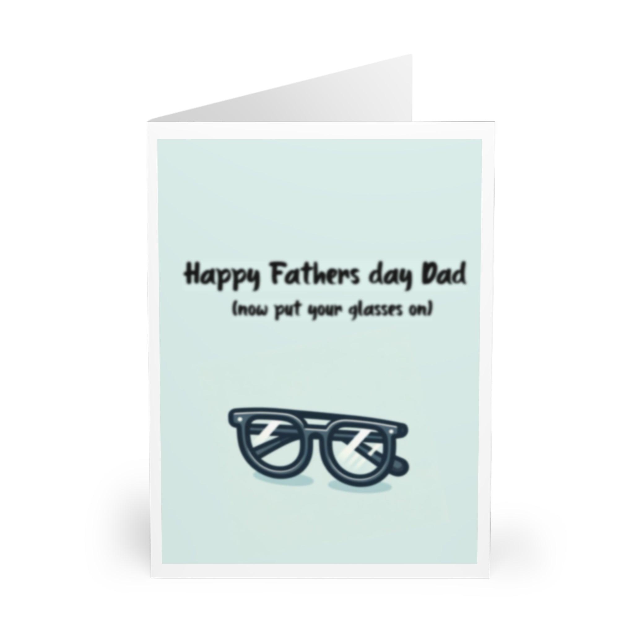 Funny Father’s Day card featuring a pair of glasses and the phrase 'Happy Father’s Day, Now Put Your Glasses On.' A humorous card perfect for dads who need a gentle reminder about their specs - Baby Keo.