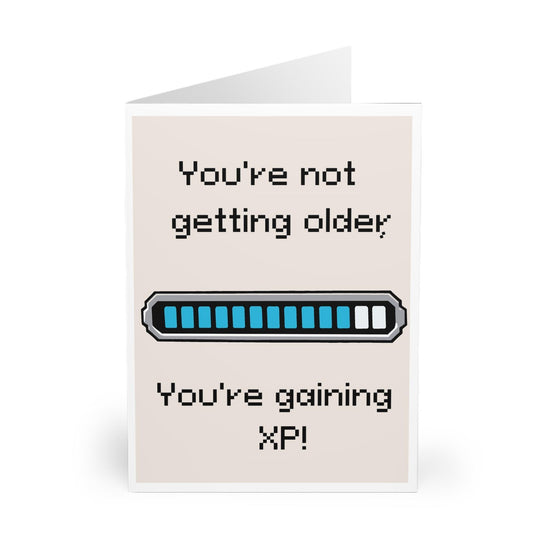 A gaming-themed card with an experience bar and the phrase &