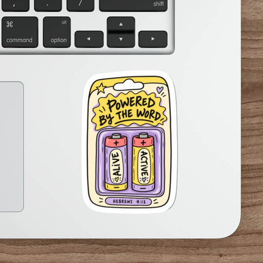 A die-cut sticker featuring two cartoon batteries with the text &