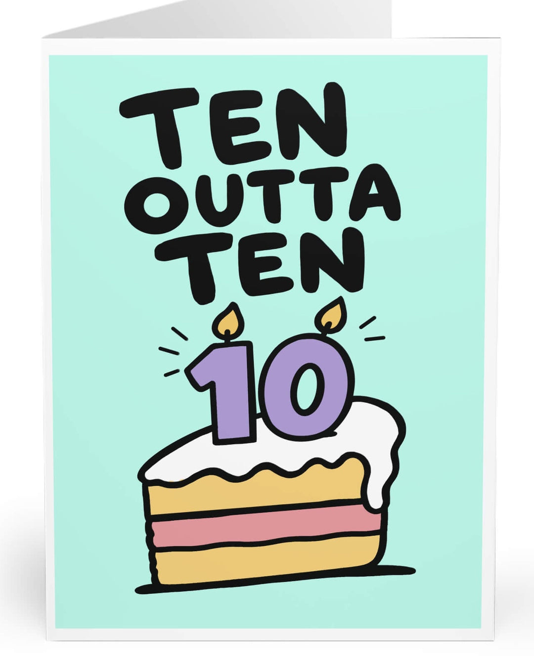 A folded greeting card shown standing upright on a white background. The front has a light aqua background with the text &