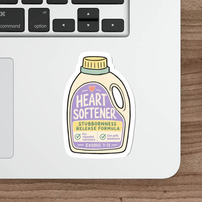 Heart Softener Exodus 7:13 Christian sticker designed as a pastel fabric softener bottle with Stubbornness Release Formula and Use With Obedience.