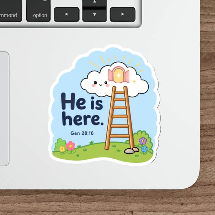 Cute Genesis 28:16 Christian sticker featuring Jacob's ladder reaching a smiling cloud with a heavenly doorway and the words He Is Here.