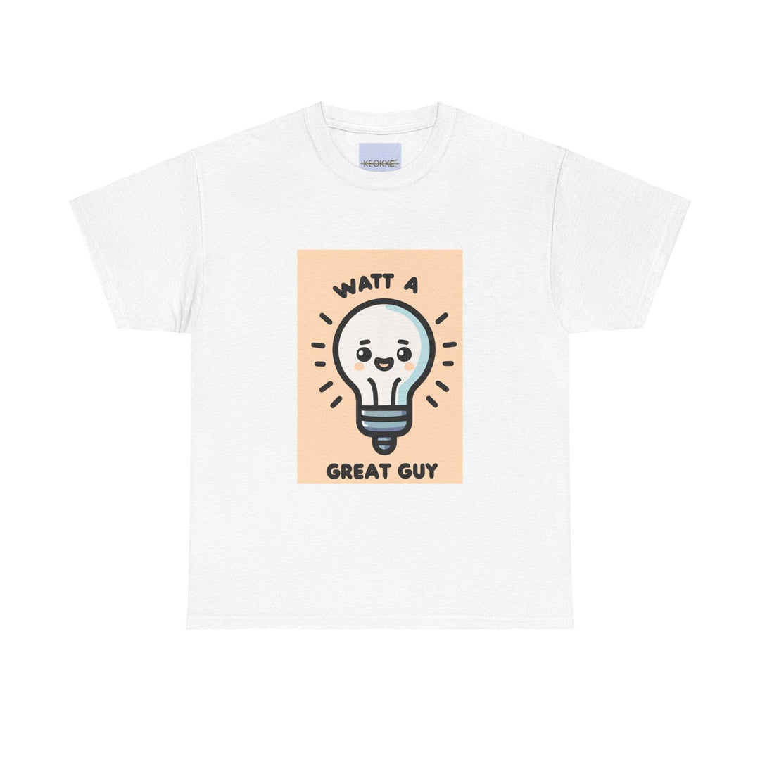 White T-shirt featuring a lightbulb with a smiling face and the phrase 'Watt a Great Guy.' A fun and punny design, great for fans of clever wordplay