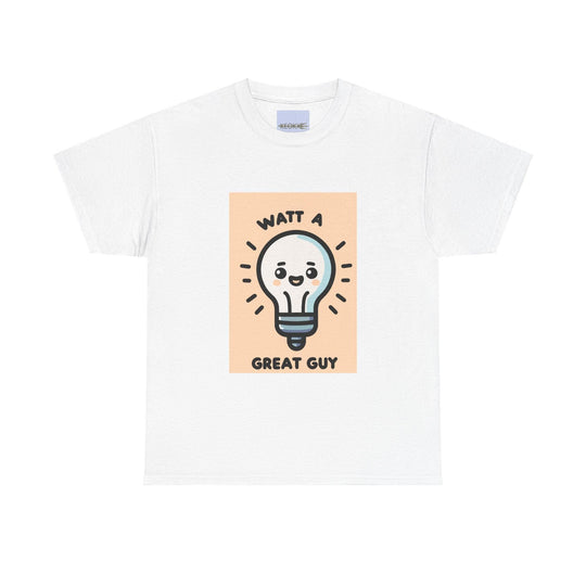 White T-shirt featuring a lightbulb with a smiling face and the phrase 'Watt a Great Guy.' A fun and punny design, great for fans of clever wordplay