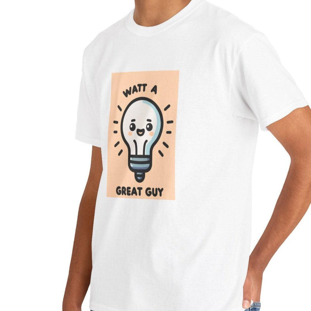 White T-shirt featuring a lightbulb with a smiling face and the phrase 'Watt a Great Guy.' A fun and punny design, great for fans of clever wordplay