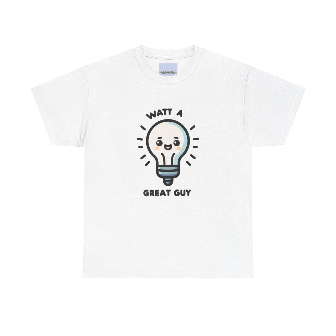 White T-shirt featuring a lightbulb with a smiling face and the phrase 'Watt a Great Guy.' A fun and punny design, great for fans of clever wordplay