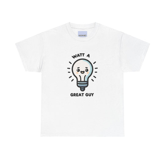 White T-shirt featuring a lightbulb with a smiling face and the phrase 'Watt a Great Guy.' A fun and punny design, great for fans of clever wordplay