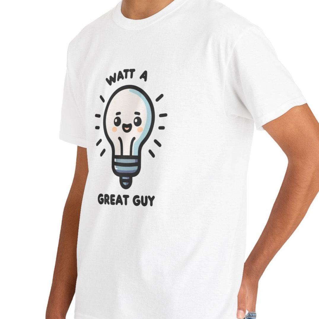 White T-shirt featuring a lightbulb with a smiling face and the phrase 'Watt a Great Guy.' A fun and punny design, great for fans of clever wordplay