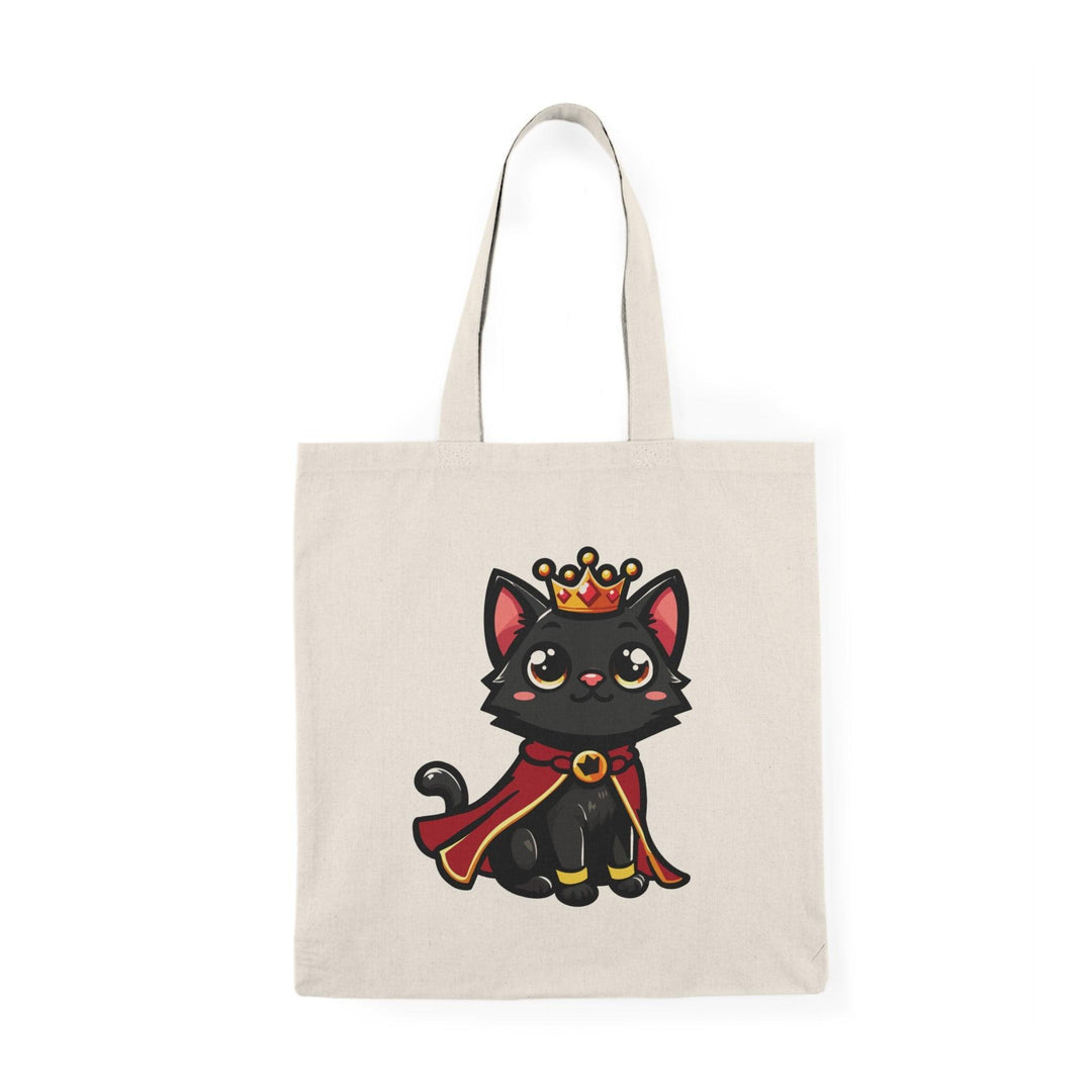 Tote bag featuring an adorable illustration of a royal kitten wearing a tiny crown, surrounded by playful elements. The charming design and soft colors create a whimsical accessory, perfect for cat lovers and those who enjoy a touch of regal flair in their everyday style.