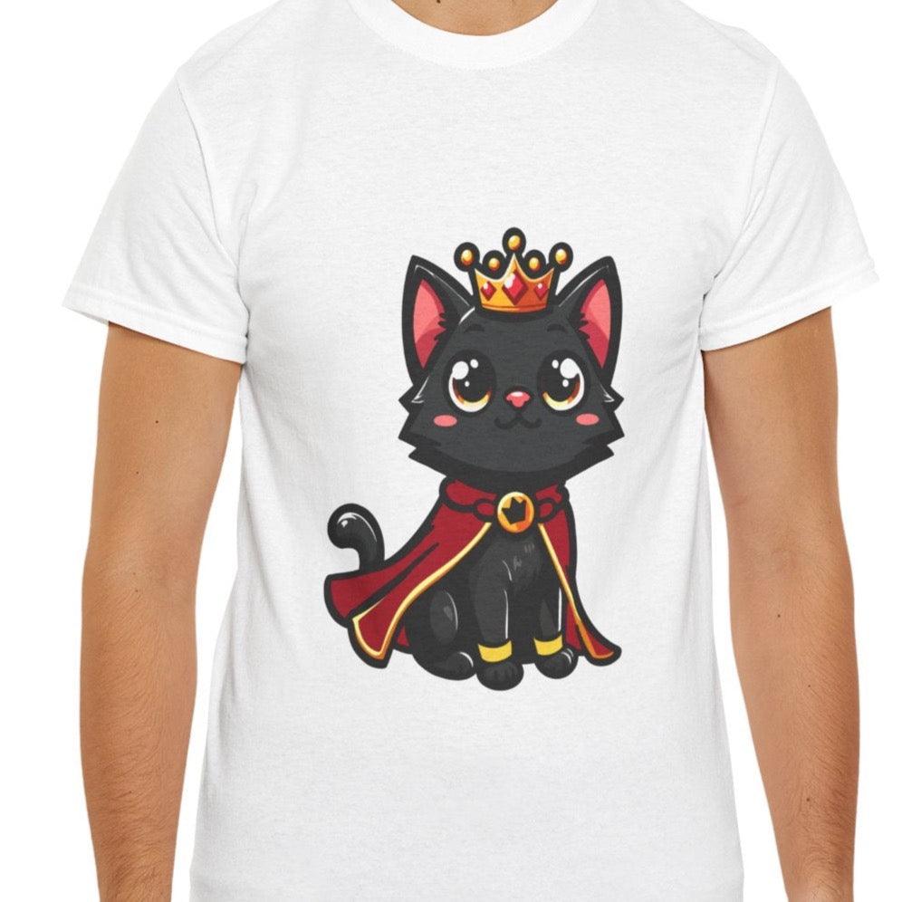 White unisex T-shirt featuring an adorable black kitten wearing a royal crown and a red cape. A charming design for cat lovers and anyone who appreciates cute and regal themes."