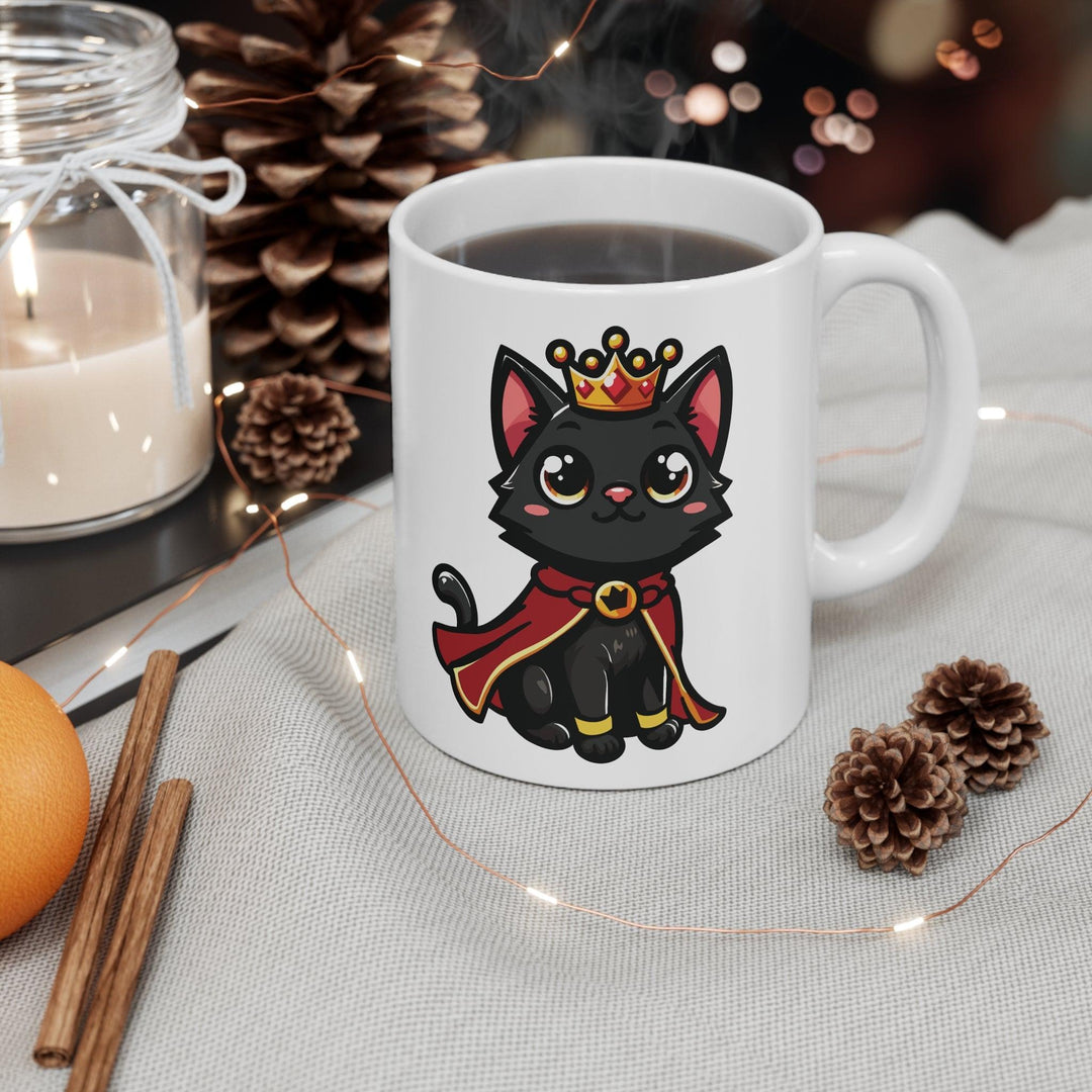 Charming white ceramic mug featuring a cute black kitten wearing a royal cape and crown, perfect for cat lovers or adding a playful touch to your drinkware