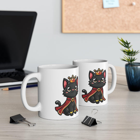 Charming white ceramic mug featuring a cute black kitten wearing a royal cape and crown, perfect for cat lovers or adding a playful touch to your drinkware