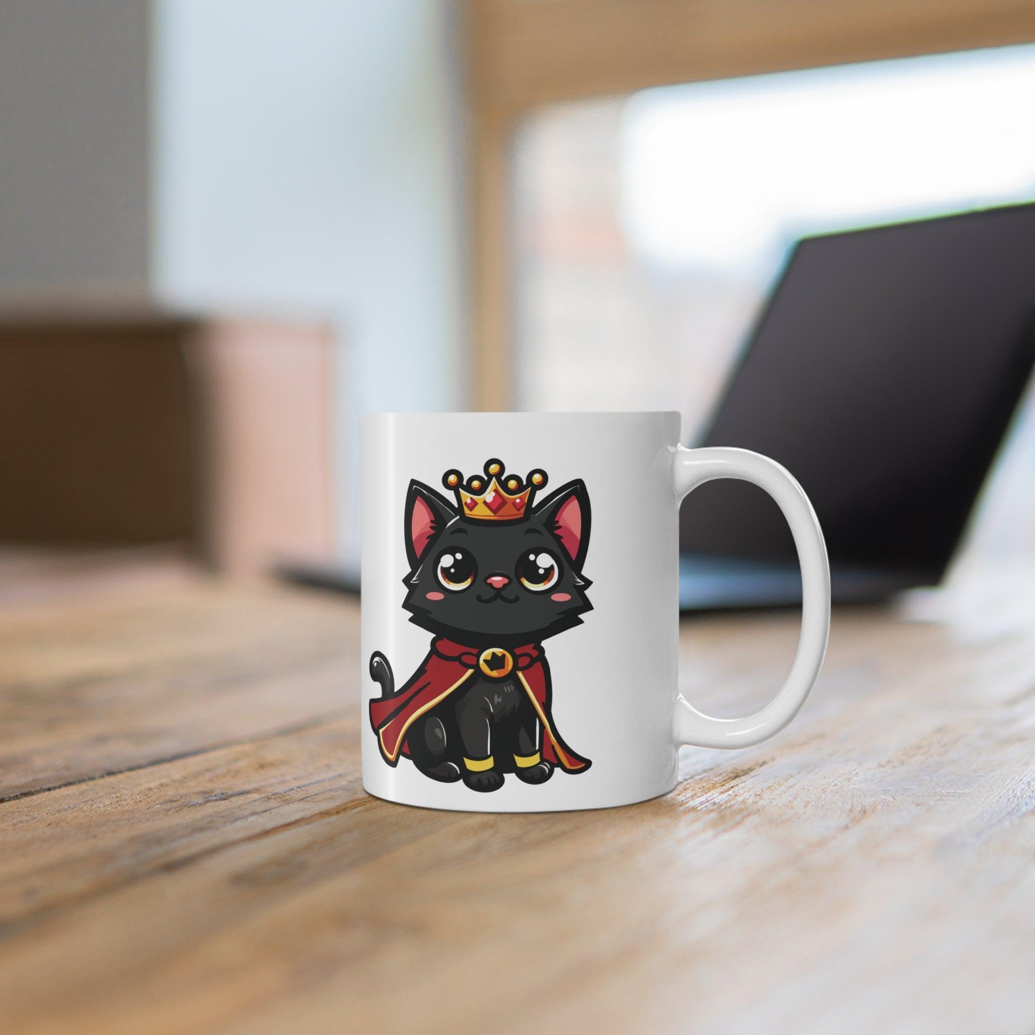 Charming white ceramic mug featuring a cute black kitten wearing a royal cape and crown, perfect for cat lovers or adding a playful touch to your drinkware