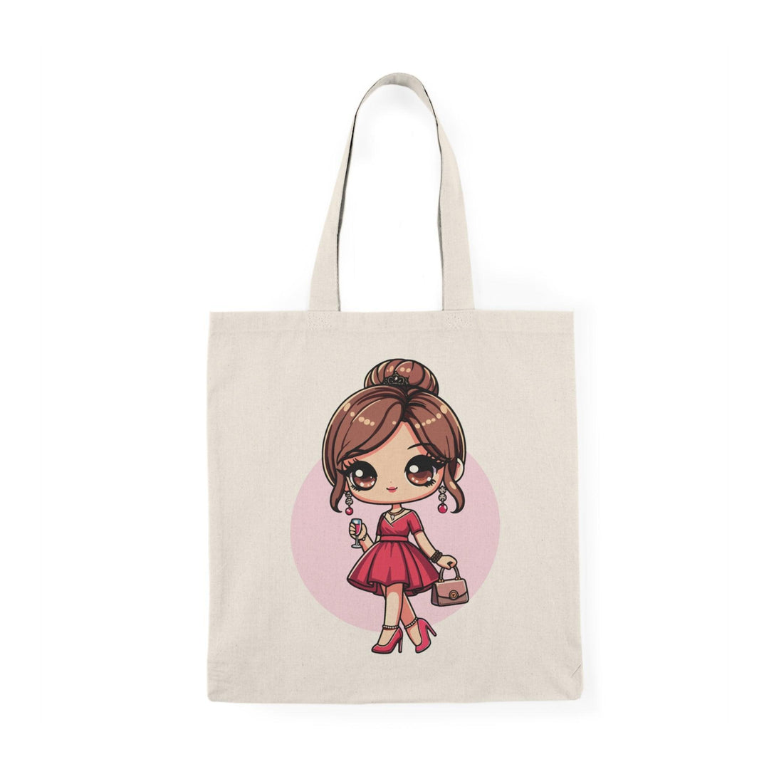 A cream tote bag featuring a cute illustration of a young girl dressed as a princess with a crown, in a fun and colorful style. This charming design is perfect for children and those young at heart, adding a playful touch to any outfit.