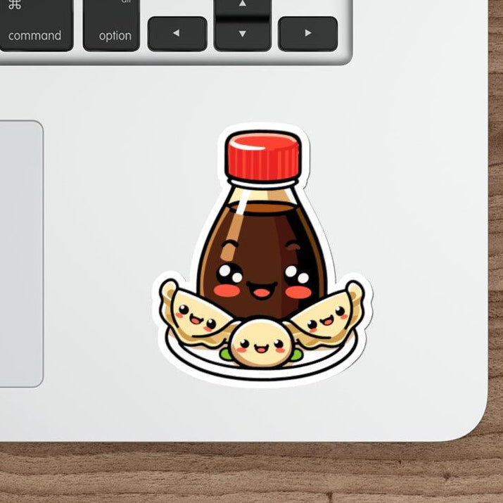 Soy Sauce with Gyozas Waterproof Sticker: A cute soy sauce bottle paired with dumplings (gyozas), perfect for foodies and those who love adorable food-themed designs.  KEOLIX 