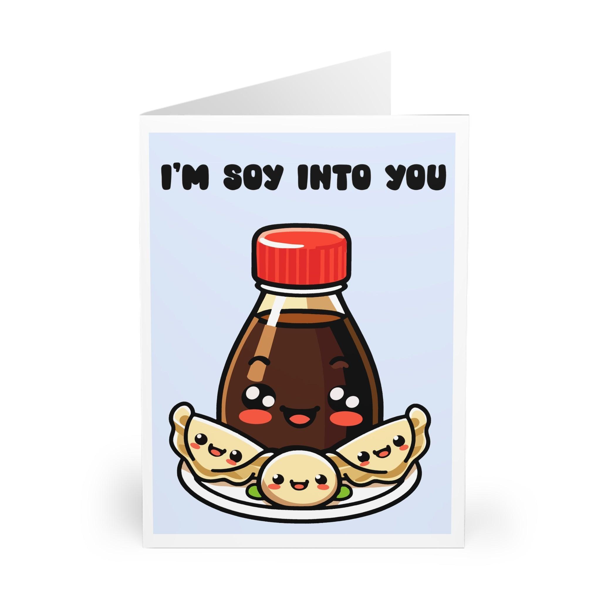 Adorable card featuring a soy sauce bottle and the phrase 'I'm Soy Into You.' A cute and funny way to express your feelings to someone special - Baby Keo.