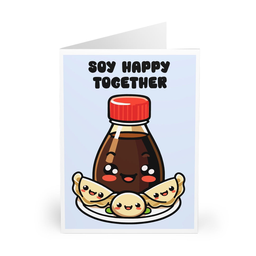 Cute card showing a soy sauce bottle and dumplings with the phrase 'Soy Happy Together.' A perfect card for couples or friends to celebrate togetherness - Baby Keo.