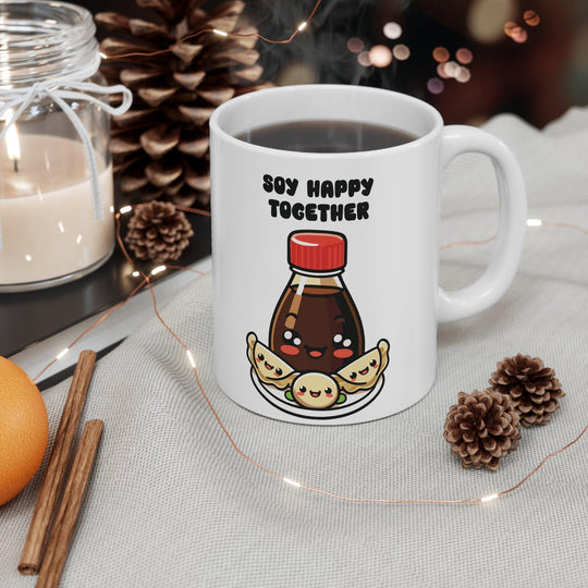White ceramic mug with a cute soy sauce bottle and sushi illustration, paired with the phrase &