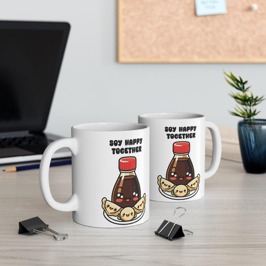 White ceramic mug with a cute soy sauce bottle and sushi illustration, paired with the phrase &
