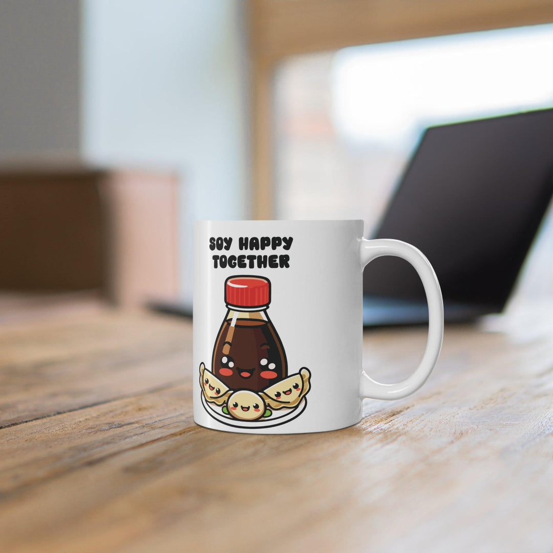 White ceramic mug with a cute soy sauce bottle and sushi illustration, paired with the phrase 'Soy Happy Together,' ideal for sushi lovers and fun relationships.