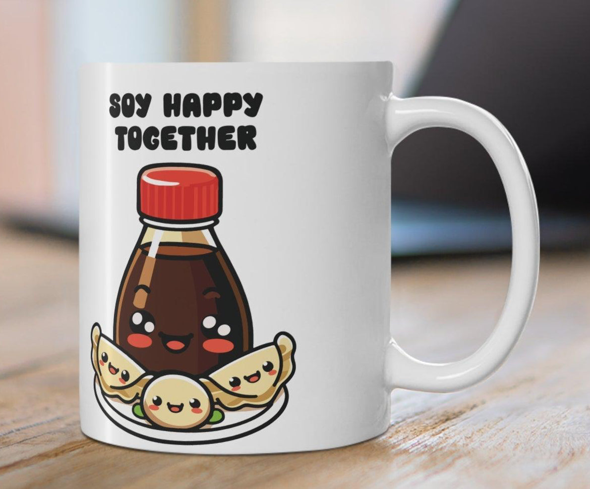 White ceramic mug with a cute soy sauce bottle and sushi illustration, paired with the phrase 'Soy Happy Together,' ideal for sushi lovers and fun relationships.