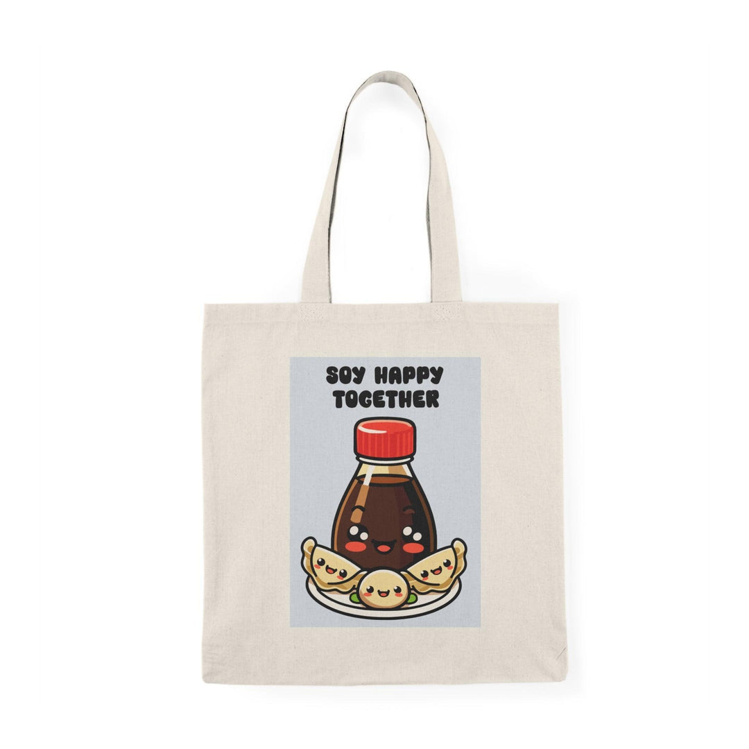 A natural tote bag showcasing a charming graphic of a soy sauce bottle and sushi, with the text 'Soy Better Together.' This punny design appeals to food lovers and adds a delightful touch to dining experiences.